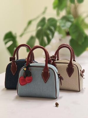 Washed Denim with Imported Vegetable-Tanned Leather Canvas Boston Bag handbag  shoulder bag Crossbody Bag women's fashion work bag