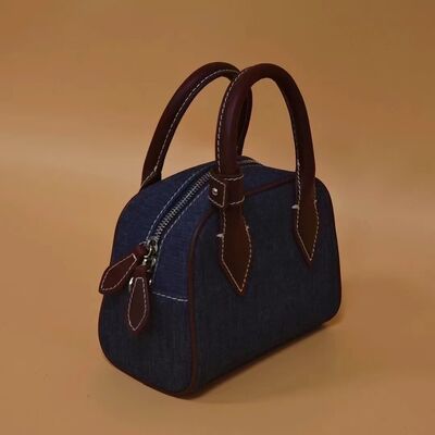 Washed Denim with Imported Vegetable-Tanned Leather Canvas Boston Bag handbag  shoulder bag Crossbody Bag women's fashion work bag