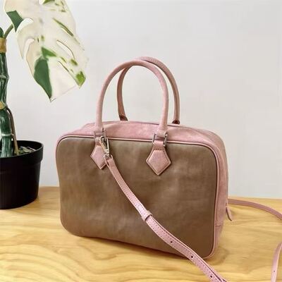 Vegetable-Tanned Leather with Sheep Tendon Velvet Block Bag Panelled Briefcase Handbag Work Bag Crossbody Bag Shoulder Bag