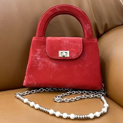 Vintage Chinese Style Velvet & Silk Cowhide Bead Bag genuine leather handbag work bag shoulder bag crossbody bag China manufacturer wholesale
