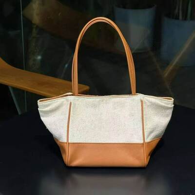 Top-grain Cowhide with Custom Cotton-Linen Canvas Color-block mini genuine leather Tote Bag Crossbody Bags Handbag Basket bag China supplier wholesale