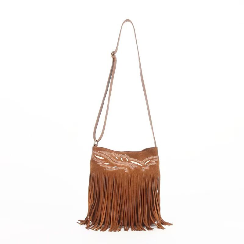 Top-Grain Frosted Cowhide Embroidered Fringe Bag Women's genuine leather shoulder bag Crossbody Bag OEM Bag Manufacturer