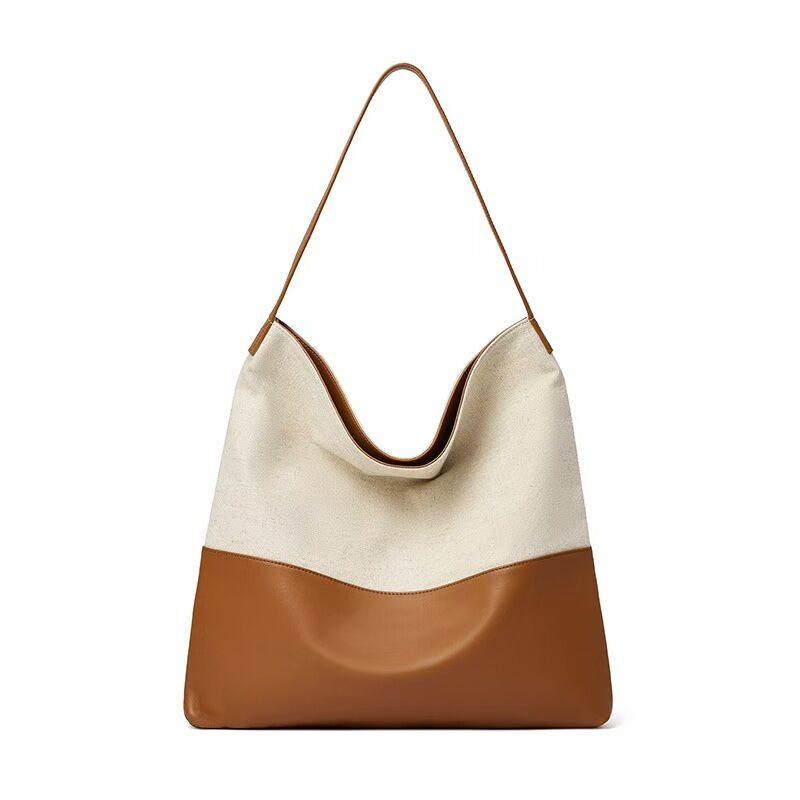 Women's genuine leather bag Top-grain Cowhide with Custom Cotton-Linen Canvas Shoulder Bag Large Capacity Tote bag Shoulder Bag  China factory wholesale 