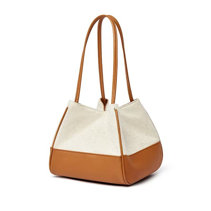 Top-grain Cowhide with Custom Cotton-Linen Canvas Color-block mini genuine leather Tote Bag Crossbody Bags Handbag Basket bag China supplier wholesale